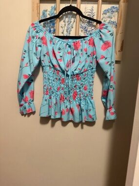 Blue Floral Smocked Peplum Long-Sleeve Top